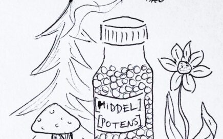 Illustration showing a remedy vial and some species from nature